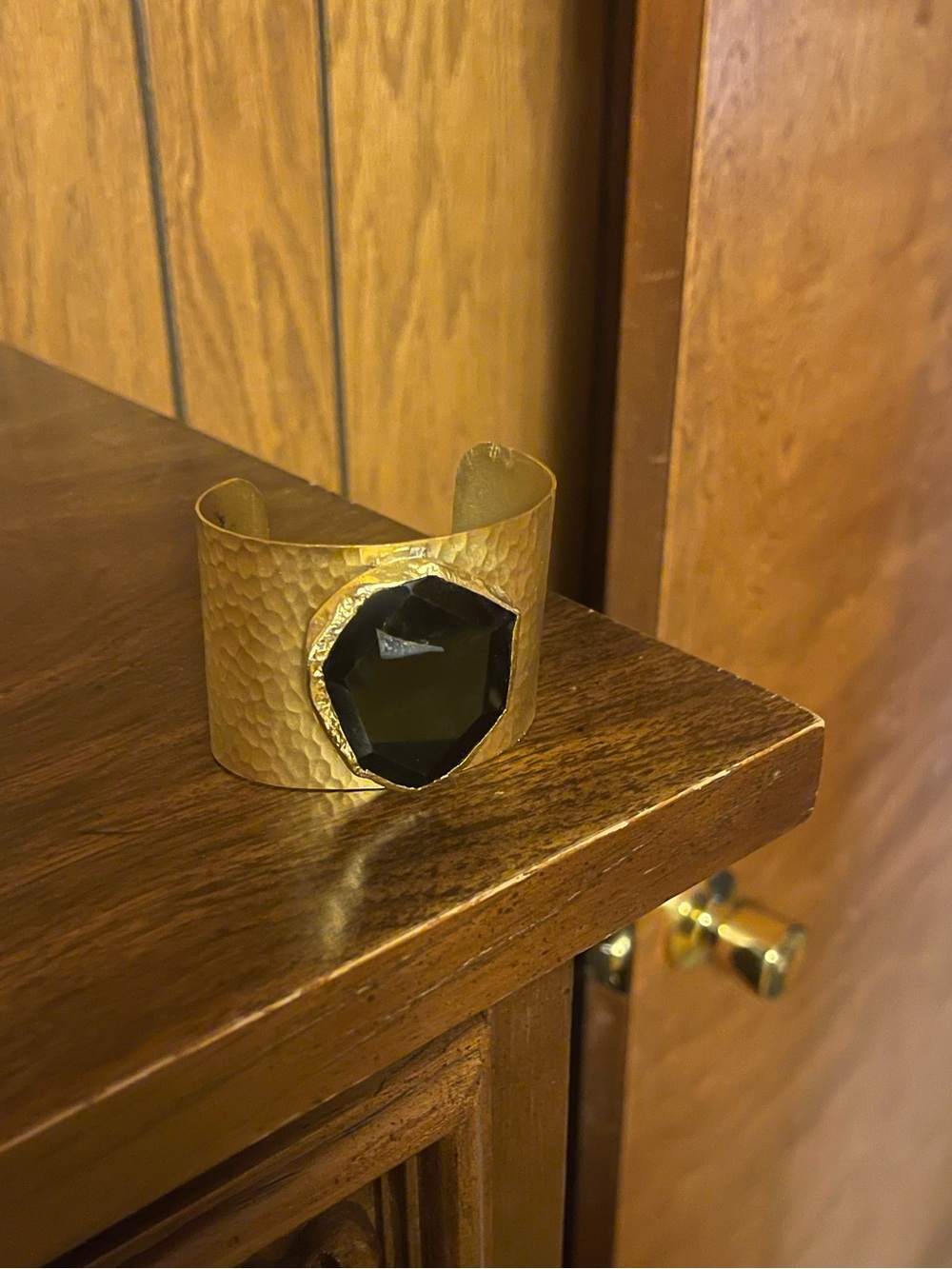 Gold Hammered Cuff Bracelet with Black Faceted Stone